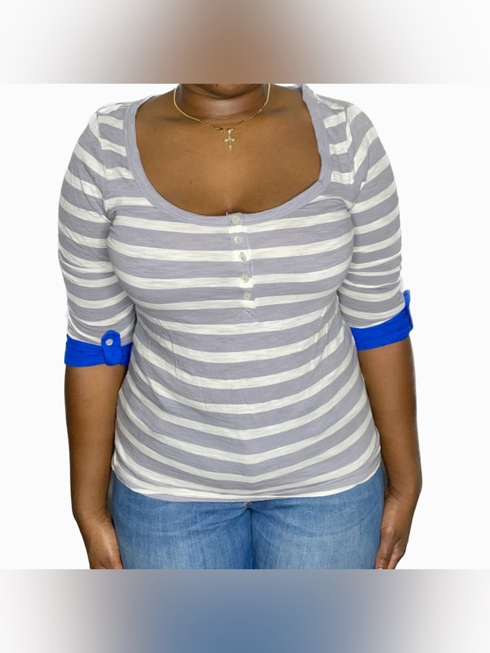 Express Gray White Stripe Henley Top Blue Roll Tab Sleeves